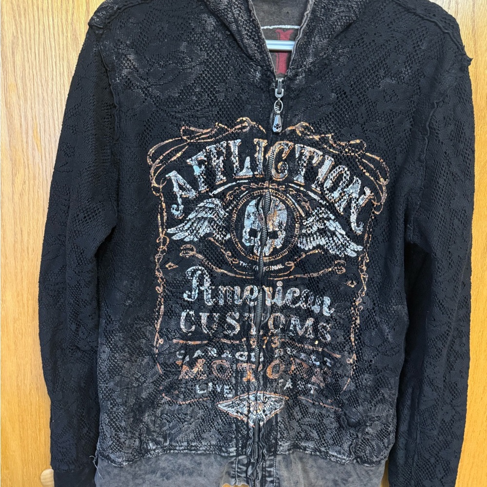 Affliction Black and Gray Zip Up Sweater